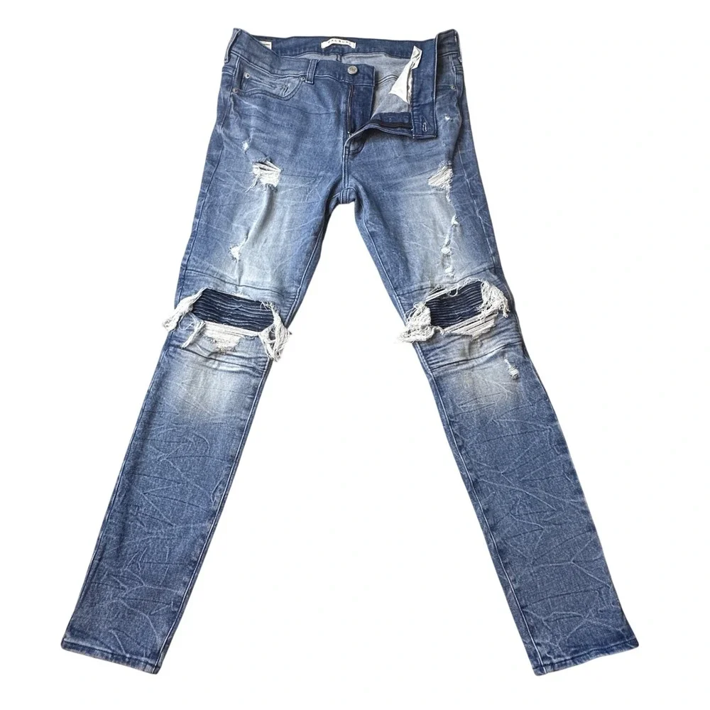 PacSun Jeans Mens 32x32 Blue Stacked Skinny Distressed Moto Ribbed Stretch Denim
